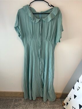 Light Aqua Button-Front Women's Blouse Dress with Peter Pan Collar